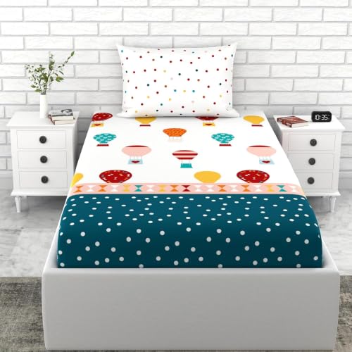Image of LORETO - A QUALITY LINEN BRAND 144 TC 100% Pure Cotton Single Fitted Bedsheet with 1 Pillow Cover for 72 x 36 Inch Mattress, All-Around Elastic, 8 Inch Deep Pocket, Blue & Red Balloon