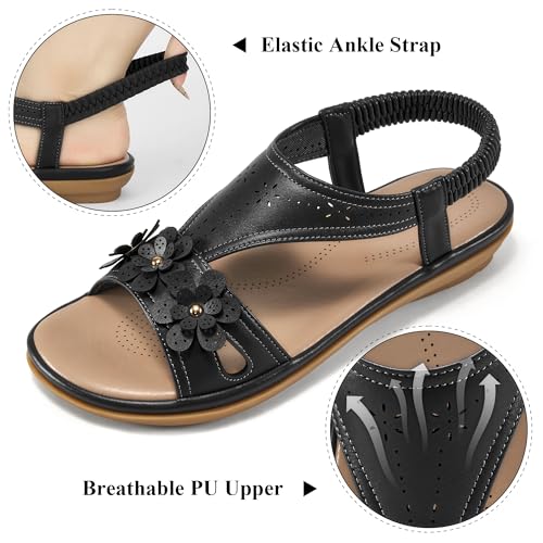 Ecetana Womens Sandals Dressy Summer Beach Casual Elastic Strap Slip on Flat Shoes with Memory Foam4