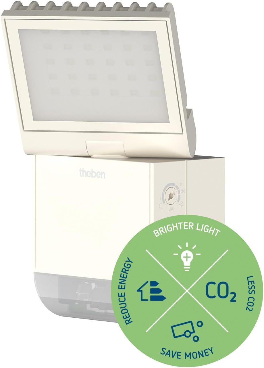 Theben 1020800 theLeda S8-100 WH LED-Strahler 8,5 W Bewegungsmelder weiß | Wandmontage außen, 4000 K neutralweiß, 180° mit 10 m Reichweite, drehbar/schwenkbar, IP55, 900 lm, zusätzlicher Schaltausgang