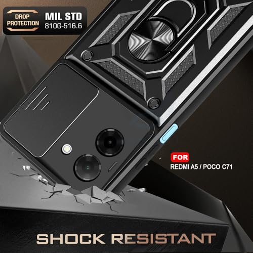 Image of AESTMO Tough Armor Poco C71 / Redmi A5 Bumper Back Case Cover | Ring Holder & Sliding Camera Shield Cover | 360 Degree Protection Back Case Cover for Poco C71 / Redmi A5 (Black)
