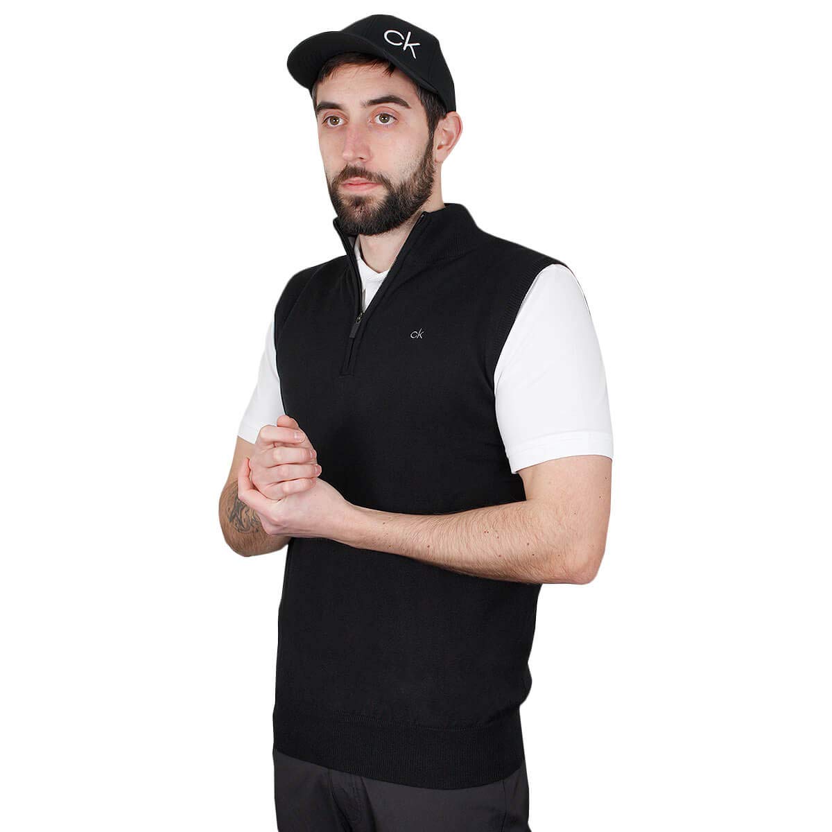 Calvin Klein Men's Black Golf Ck 1/4 Zip Sleeveless Sweater Vest - Medium