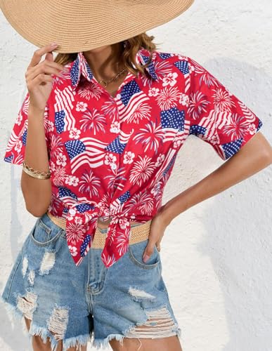 Image of ASTANFY Hawaiian Shirt Women Hawaii T-Shirt Tropical Floral Printed V Neck Shirts Soft Cool Summer Beach Button Up Blouse
