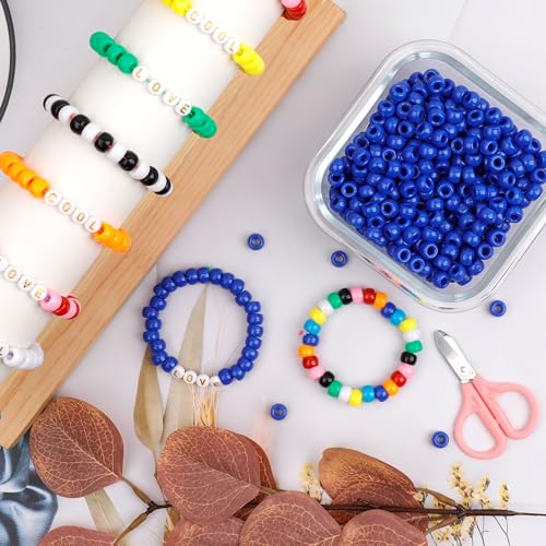 Image of 1000Pcs Pony Beads Bracelet 9mm Bronze Blue Plastic Barrel Pony Beads for Necklace,Hair Beads for Braids,Key Chain,Jewelry Making (Royal Blue)
