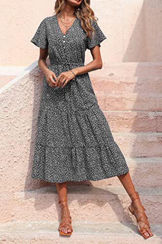 PRETTYGARDEN Summer Floral Dress for Women 2025 Casual Boho Short Sleeve Maxi Dresses V Neck Tiered Flowy Beach Sundress