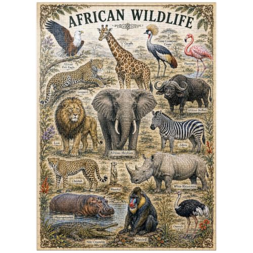 MyPuzzle African Wildlife Vintage Art Poster - Premium 1000 Piece Jigsaw Puzzle for Adults