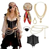 Wxeadu Costume Pirate Femme, 6 Pièces Déguisement Pirate Femme, Accessoire Pirate avec Pirate Bandana, Cache Oeil, Corset Pirate, Collier, Ceinture, Chaîne de Taille pour Halloween, Carnaval