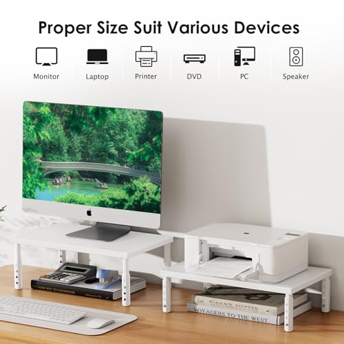 Image of ECOLOVI Adjustable Wood Computer Monitor Stand Riser, Office Desk Organizer and Accessories for Monitor, Laptop, PC, Printer, Office Desk Accessories Workspace Organizer for Home Office Supplies, White