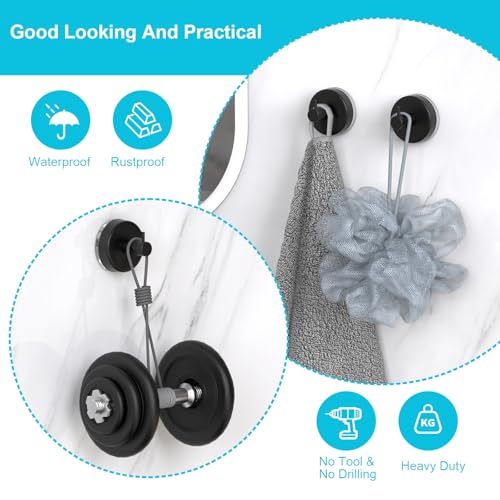 Image of HUFEEOH Suction Cup Hooks for Shower, 4 Pack Removable Towel Holder Wall Hooks for Inside Shower, No Drill Towel Hooks for Bathroom Hanger Wall Mount (Black)