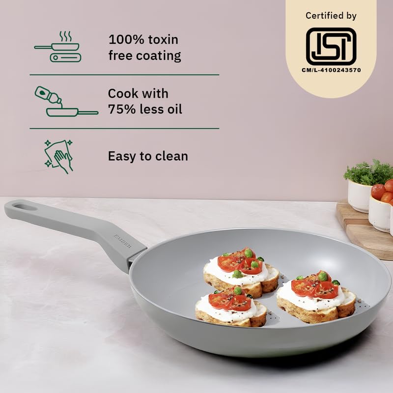 Image of Ember Cookware Arcilla Ceramic Frying Pan 24cm | Non Stick Cookware | Non Toxic Pan | ISI Certified | Ceramic Fry Pan for Cooking | PFAS & PTFE Free | 5-Year Warranty | Grey