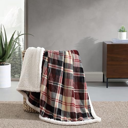 Image of Eddie Bauer - Throw Blanket, Brushed Fleece & Plush Sherpa Bedding, Blanket for Couch & Bed (Trailhead Plaid Red, 50 inch x 60 inch)