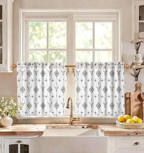 Image of Miss Adola Boho Kitchen Curtains - 24 Inch Length Linen Blend Western Cow Cafe Curtains Western Tier Curtain Short Drapes Rod Pocket for Bathroom Living Room Windows Light Filtering, 2 Panels