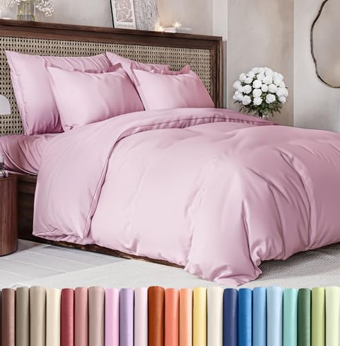 Image of Duvet Cover Queen Size Set - Extra Soft Queen Duvet Cover 90 inch x 90 inch with 2 Pillow Shams for Women, Men, Kids & Teens - Hotel Luxury w / Zipper Closures & Ties - Comfy, Cozy & Breathable (Light Pink)