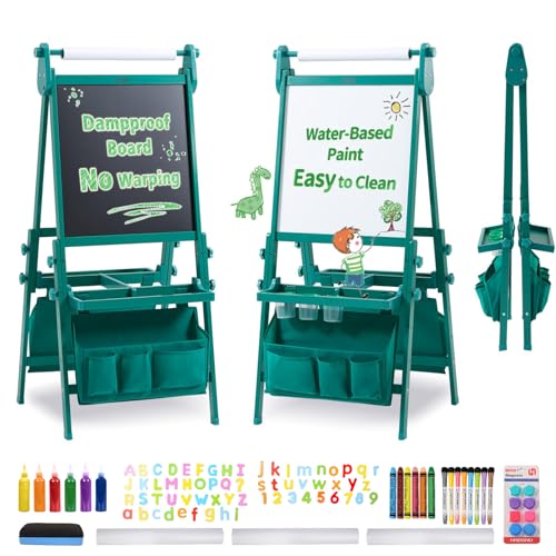 FUNLIO Plegable Caballete de Arte para Niños de 3 a 8 años, Tablero Antideformación, pizarra infantil con Pizarra Magnética/Blanca, 3 Altura Ajustable, Todo en Uno con Rollo de Papel - Verde Plegable