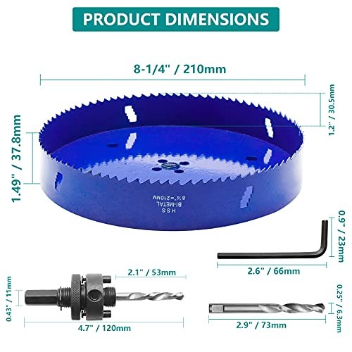 Image of 8-1 /4 Inch Hole Saw with Arbor, 1.2 Inch Cutting Depth | Heavy Duty, HSS Bi-Metal, For Wood Cornhole Boards Plastic Drywall & Thin Metal, Smoothly Cutting