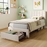 LIKIMIO Twin XL Bed Frame with Under-Bed Drawer, Platform Upholstered Bed with Headboard, No Box Spring Needed/Noise-Free, Beige