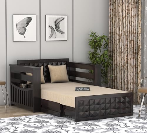 Image of Sheesham Wooden 2 Seater Sofa Cum Bed with Mattresses for Home Living Room | Rosewood 2 Seater Sofa Cums Bed for Bedroom Without Pillow | Solid Wood Sofa Bed (Walnut DB, 2 Seater)
