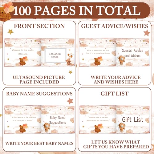 Image of Fuyoooo 27 Pcs Brown Bear Baby Shower Guest Book Set Baby Shower Sign in Guest Floral Book Place Table Cards with Gold Pen Adhesive Photo Corner for Birthday Party