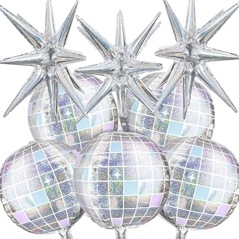 OuMuaMua Disco Ball Balloons for 70s 80s Disco Party Decorations, 22 Inch Large 4D Iridescent Disco Metallic Balloons with Stars for Disco Themed Party, Birthday New Year Bachelorette Decor, 8pcs Cover