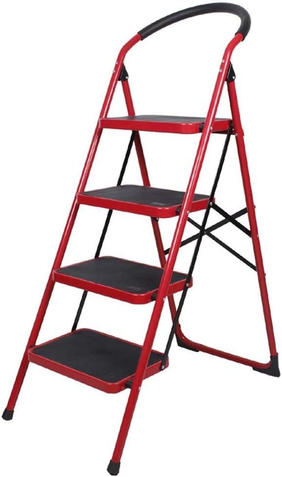 Portable Ladder Stool 3-Step stools Easy to Store Foldable Design Ideal for Home/Kitchen/Garage (Color: Red)