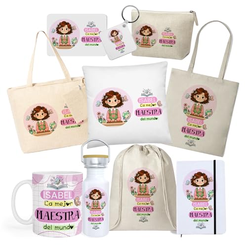 Kembilove® Pack regalo personalizado para profesora | Taza y bolsa profesoras con nombre | Regalos fin de curso maestras | Detalle original personalizado para profesora infantil o primaria