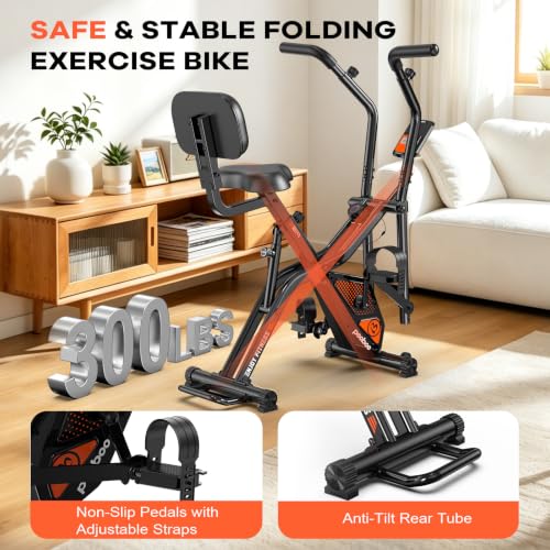 Image of pooboo Folding Magnetic X‑Bike, Upright Exercise Bike for Home Gym | Foldable Indoor Stationary Cycling Bike, 8‑Level Resistance, 6.6 LBS Flywheel, 300 LB Capacity, Back Support Cushion