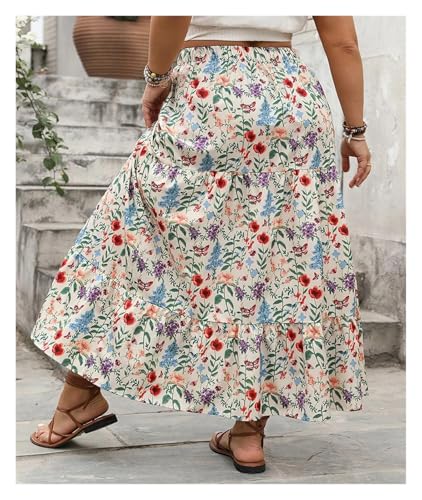 Chiffon Skirt Plus Size Floral Print Sweet Long Skirts Women Summer Elastic Waist Vacation Casual Big Swing A-Line Skirt for Chiffon(2XL) Multicolor3