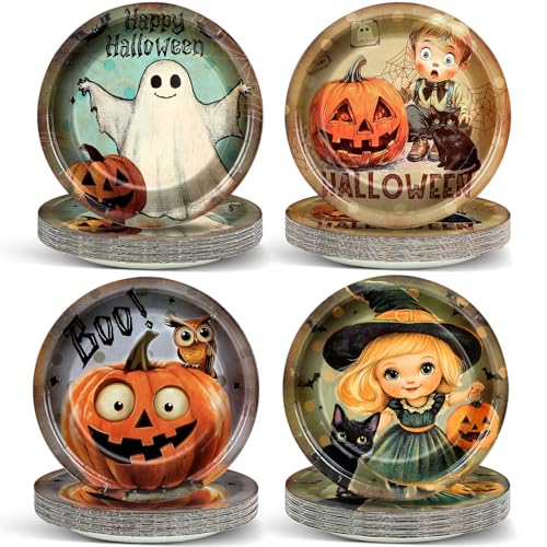 48pcs Vintage Halloween Party Paper Plates - 7" Retro Ghost Haunt...