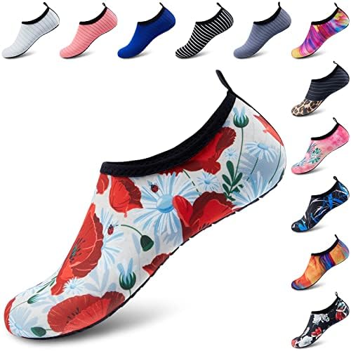 Deevike Water Shoes for Women Barefoot Shoes Beach Shoes Swim Shoes Quick-Dry Water Socks Color/Storm Red/flowers-38/39