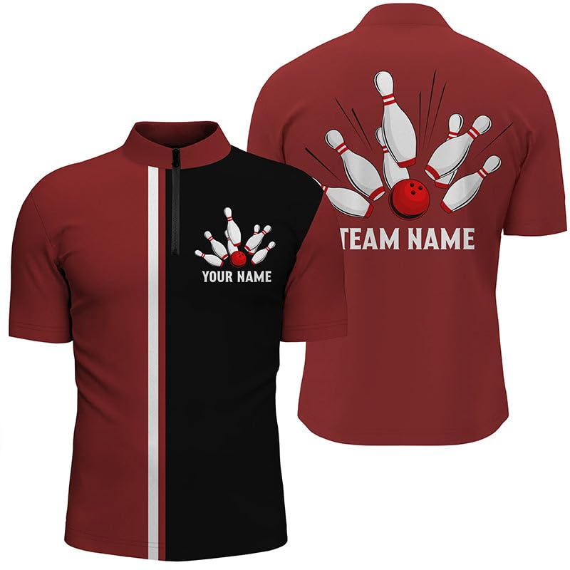 Personalisiertes Rot-Weiß-Schwarzes Retro-Bowling-Shirt mit Polo & Viertelreißverschluss für Männer & Frauen, individuelle Bowling-Teamtrikots T135