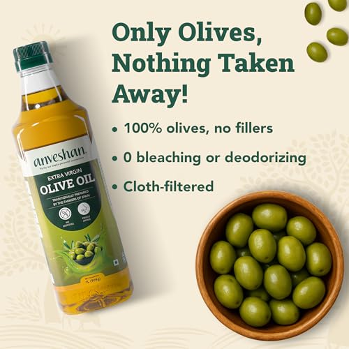 Image of Anveshan Extra Virgin Olive Oil - 1L PET Bottle | Cold Press Extraction | Rich in Vitamin E & K | Perfect for Salad Dressings, Sauteing, Marinades - Imported from Spain
