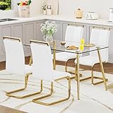Ebullient Glass Dining Table Set for 4,5 Piece Dining Table and Chairs Set，Modern Kitchen Dining Room Table with 4 White PU Leather Dining Chairs,0.31” Tempered Glass Table Top with Gold Metal Legs