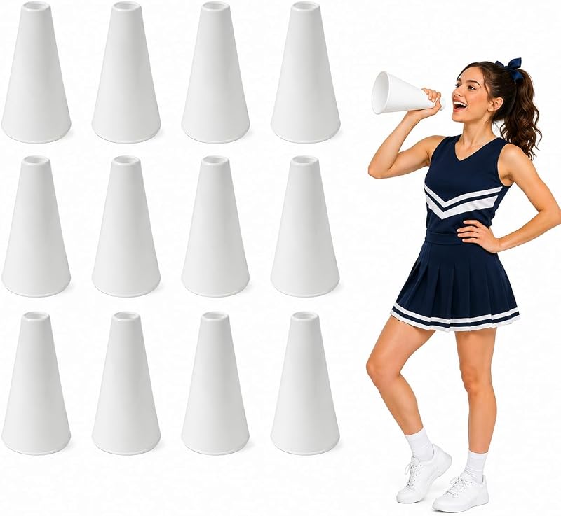 Fun Express White Plastic Mini Cheer Megaphones, 8-Inch, Bulk 12-Pack