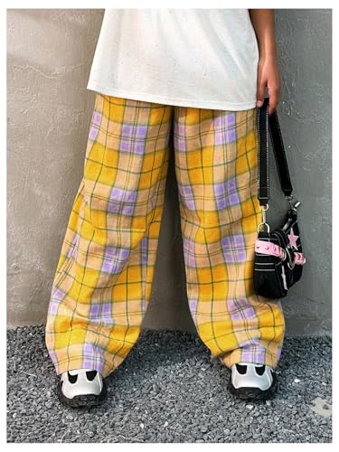 OYOANGLE Girl's Plaid Elastic Waist Pants Straight Leg Long Trousers3
