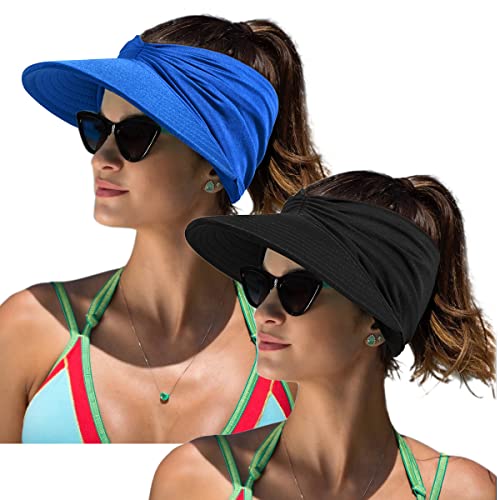 Women Sport Sun Visor Hats,Empty Top Baseball Sun Cap,Womens Sunhats with uv Protection,Sun Hats for Young Girls Women Beach, 2pcs Black & Blue, L