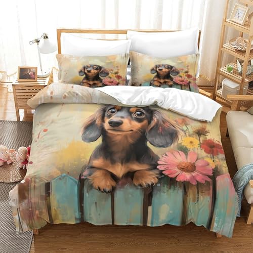 Housse de couette teckel anti-allergie, parure de lit microfibre douce fermeture éclair