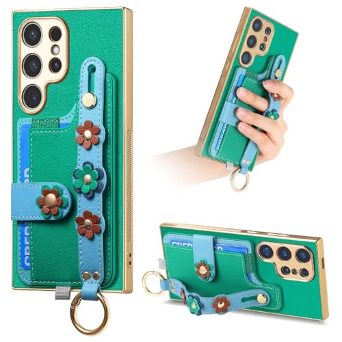 Coque fleurs 3D Samsung A13 5G avec porte-carte intégré coloris vert