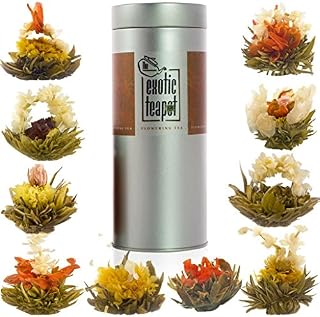 The Exotic Teapot - Flowering Tea Sampler Tin, 10 Varieties of Blooming Tea, All Different Flavours, Jasmine Tea, Vacuum Sealed Flower Tea Balls