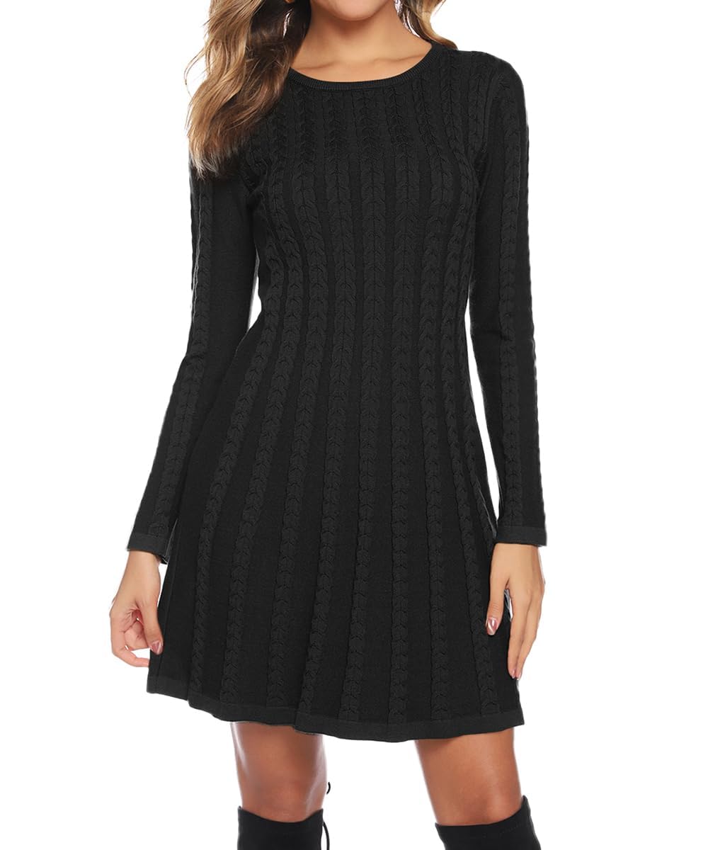 Gyabnw Vestito Casual Donna Invernale in Maglione Abito Vita Alta Elegante in Girocollo di Orlo Svasato Abito Linea A in Maglia al Ginocchio Caldo di Moda Treccia Ritorta