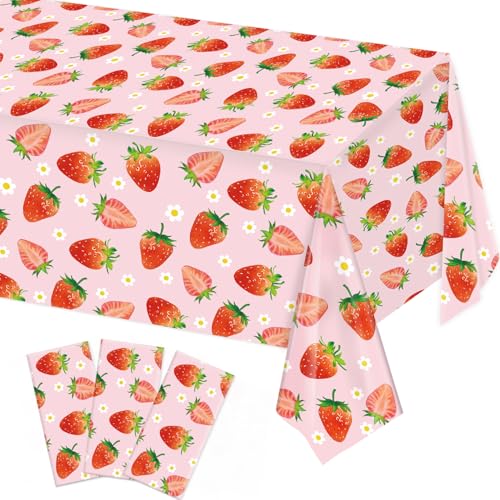 Image of 3 Pack Strawberry Tablecloths Strawberry Birthday Plastic Table Cover for Berry First Birthday Decor Baby Shower Party Decorations, 54 x 108 Inch