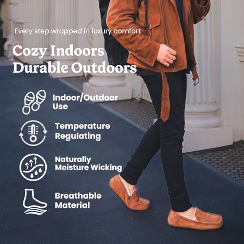 Image of Fireside By Dearfoams Men's Melbourne Genuine Shearling Moccasin Slippers, Memory Foam Sudede Loafers Slip-in House Shoes
