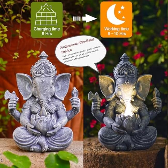 Solar Ganesha Elephant Garden Statues: Outdoor Sculptures with Lotus Lights Decor for Patio Lawn Yard Art - Gifts for Mom Grandma
