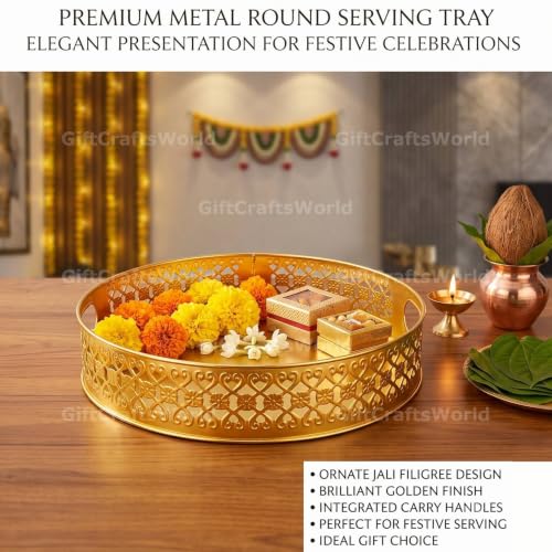 Image of Multipurpose Metal Basket For Gift Hamper, Pooja Temple Storage With Sturdy Handle, Decorative Flower Organizer & Versatile Puja Utility Accessories Home Decoration (Round Tray)