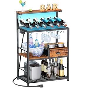 Bar Carts for The Home, 4-Tier Mini Bar Cart with Power Outlet & LED Lights, Industrial Small Bar Cabinet with Storage Drawer for Liquor, Freestanding Wine Bar Stand, Alcohol Cart, Rustic Brown