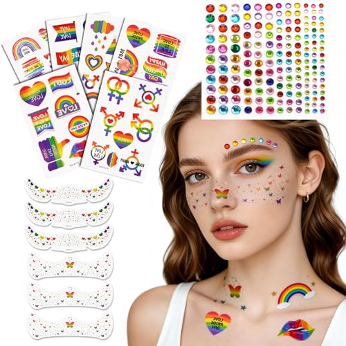 220+ PCS Pride Temporary Tattoos set Pride Accessories 6 Sheets Butterfly & Heart Freckles plus 1 Rainbow Face Gems - Waterproof Rainbow Tattoo Stickers for LGBTQ Equality Parades and Celebrations