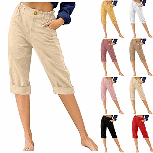 Women's Summer Capri Pants 2025 Cotton Linen Straight Leg Cropped Trousers High Waist Casual Pant with Pockets