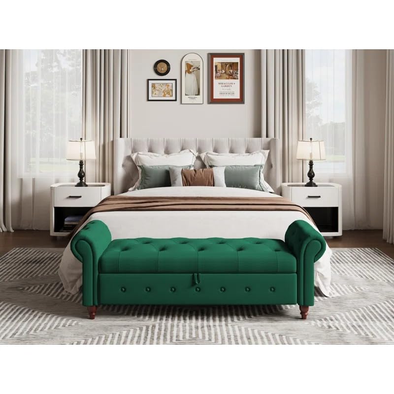 Image of LEGACY OF COMFORT F4 Velvet Upholstered Storage Bench Sofa Bench Sofa couches Rolled Arm Window Bench Ottoman Bench 2 Seater Sofa Chaise Lounger or Living Room Bedroom Office (Green Velvet)