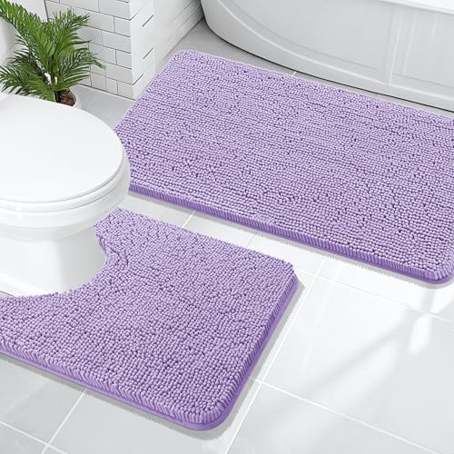 Image of OLANLY Bathroom Rugs Sets 2 Piece, Soft Absorbent Chenille Bath Mats and U-Shaped Contour Toilet Mat Area Rug Set, Machine Washable Bath Carpet, Home Decor Accessories(47 inchx20 inch+24 inchx20 inch, Lavender)