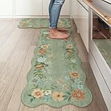 LEEVAN Washable Kitchen Rugs Sets of 2,Non Slip Soft Modern Floral Rugs for Kitchen Floor,Green Boho Indoor Kitchen Rug for Laundry,Bathroom,Office(24''x36''+24''x51'')