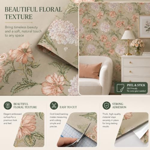 Image of Beige Blush Floral Peel and Stick Wallpaper - Soft Pastel Botanical Self Adhesive Wallpaper Roll for Bedroom, Nursery, Living Room, Wardrobe, Shelf Liner & Home Decoration