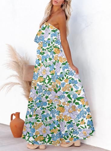 Image of Dokotoo Womens Strapless Dresses Casual Summer High Waist Side Split Flowy Boho Maxi Dress